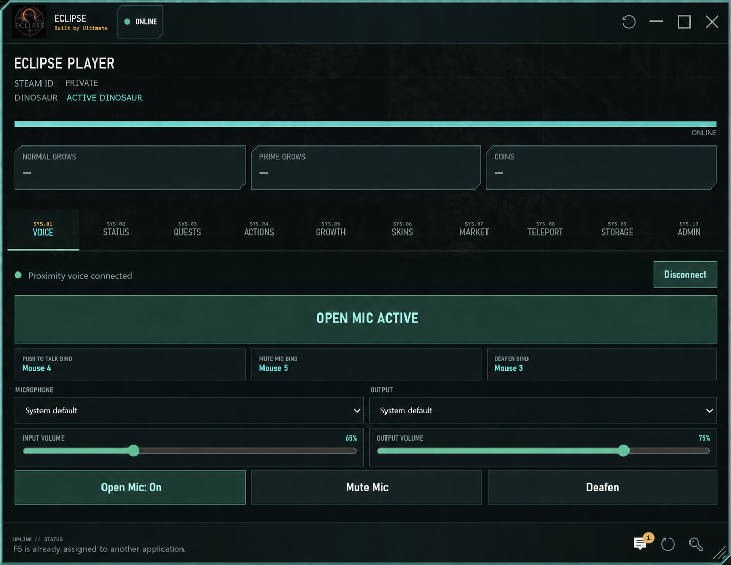 EclipseOverlay terminal showing proximity voice controls and the player systems navigation.