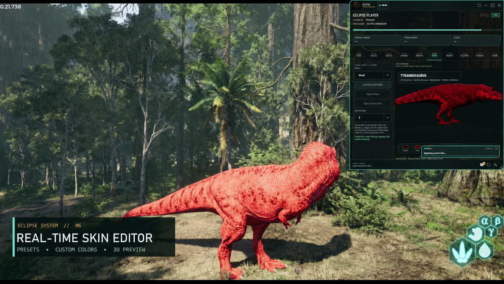 The Isle gameplay with EclipseOverlay showing its real-time dinosaur skin editor.