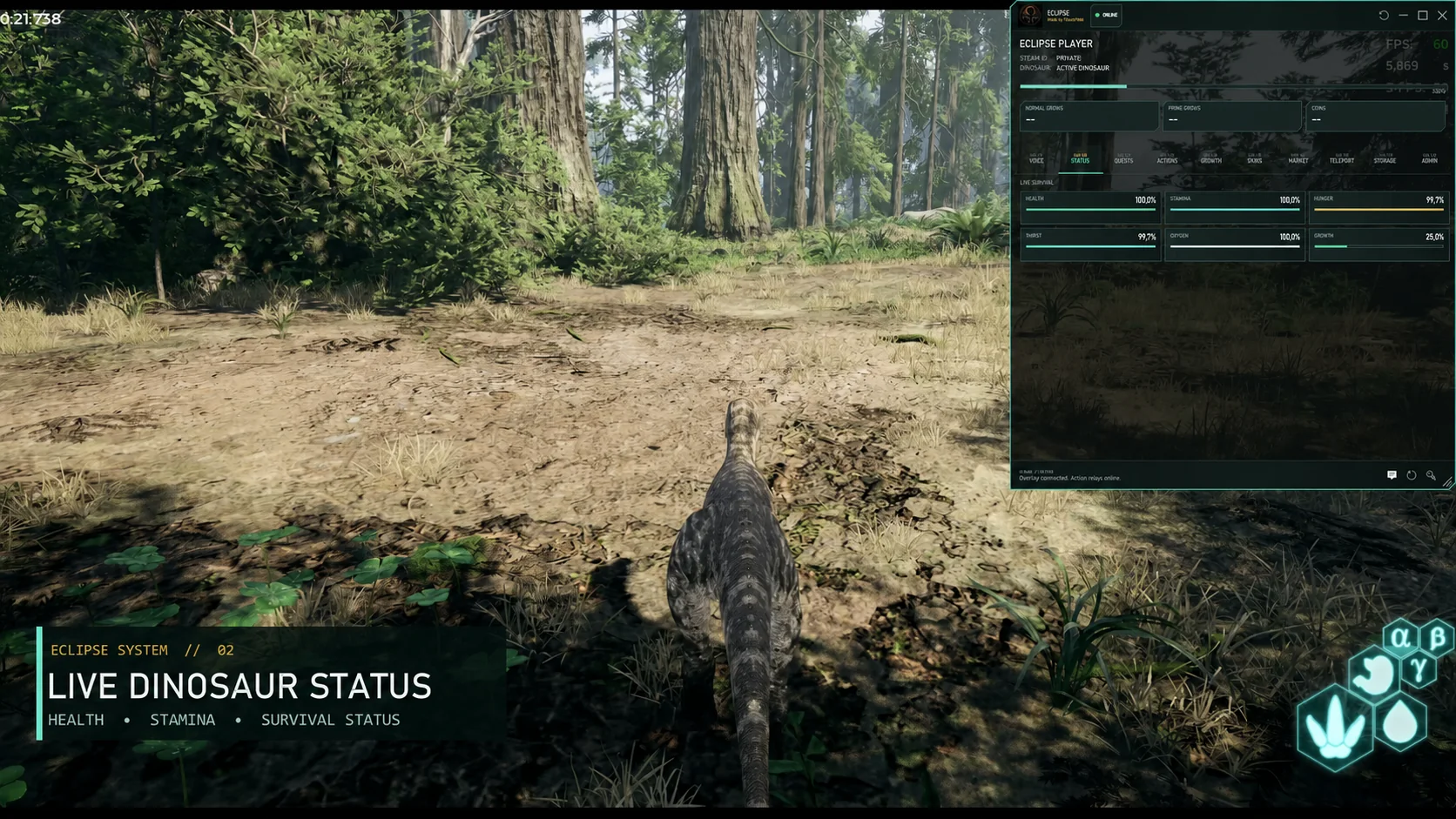 The Isle gameplay with EclipseOverlay showing live dinosaur status.